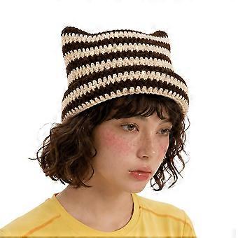 Cat Ear Striped Knit Beanie, Korean-Inspired Warm Winter Hat for Women, Cute Gift for Girlfriends Friends and Couples