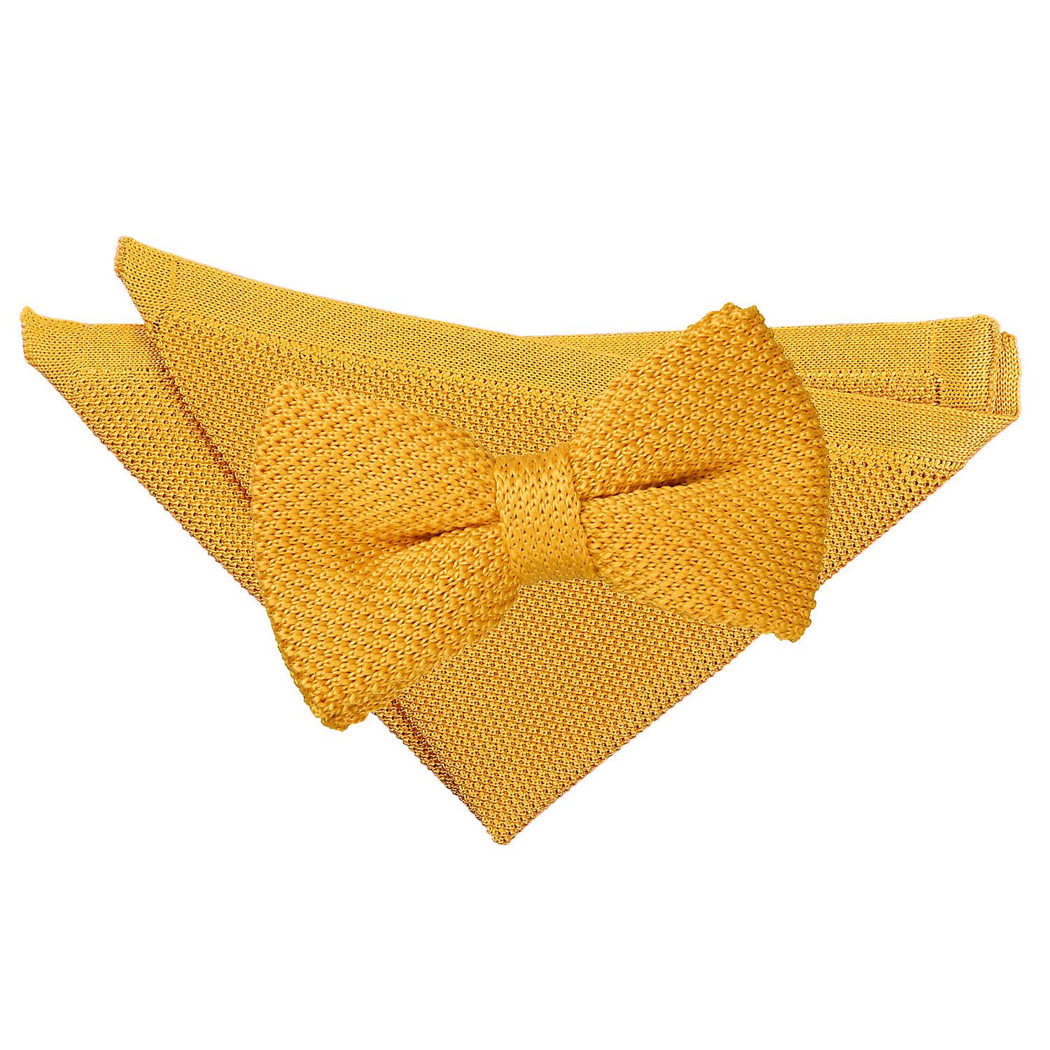 Marigold Yellow Knitted Bow Tie and Pocket Square Set