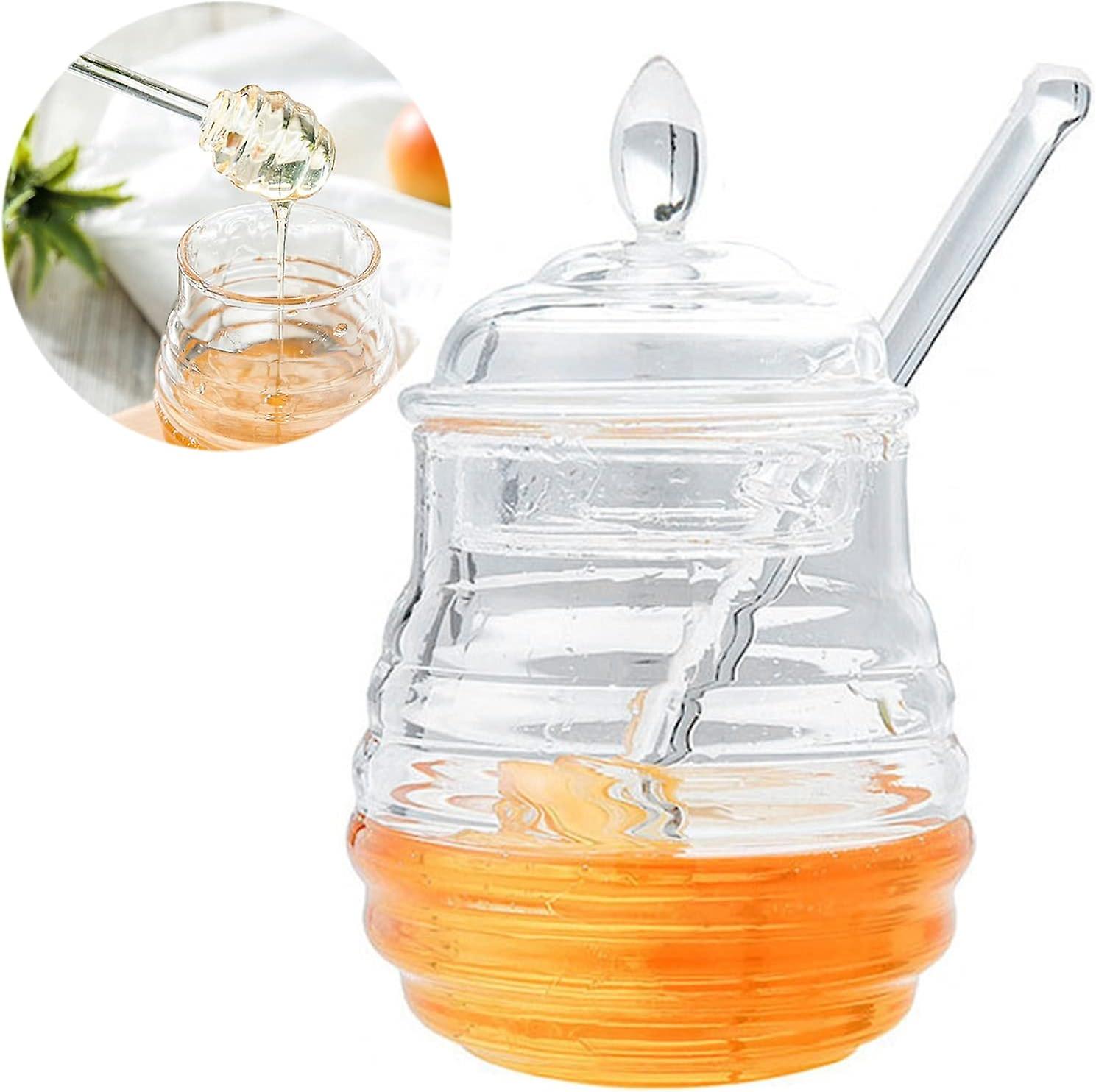 Honey Jar with Spoon and Lid - Heat Resistant Glass Storage Container for Kitchen and Home Bee Dispenser Decor