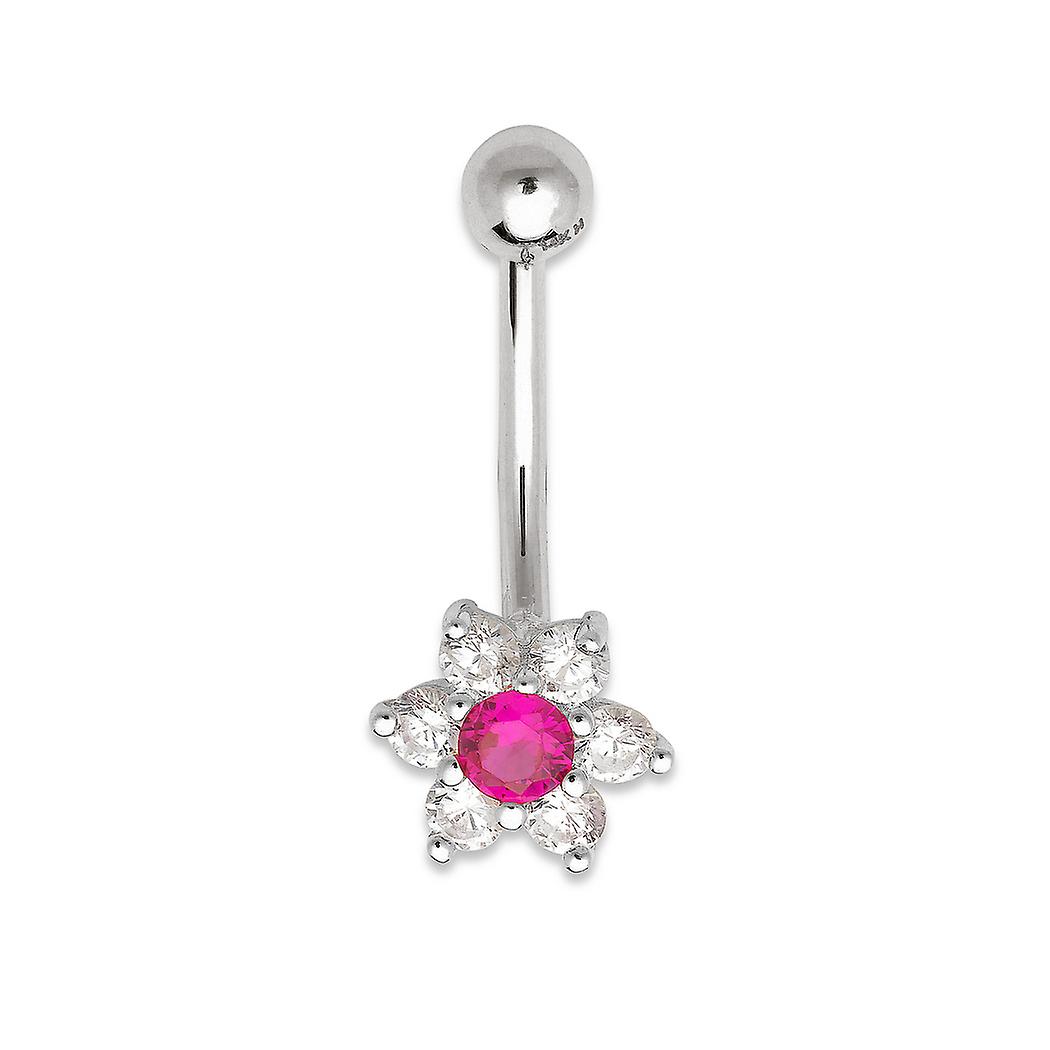 Jewelryweb Curata Solid 14k Gold Cubic Zirconia Flower Belly Button Ring Dangle (7mm X 22mm) (red) Body Piercing-Ring fo