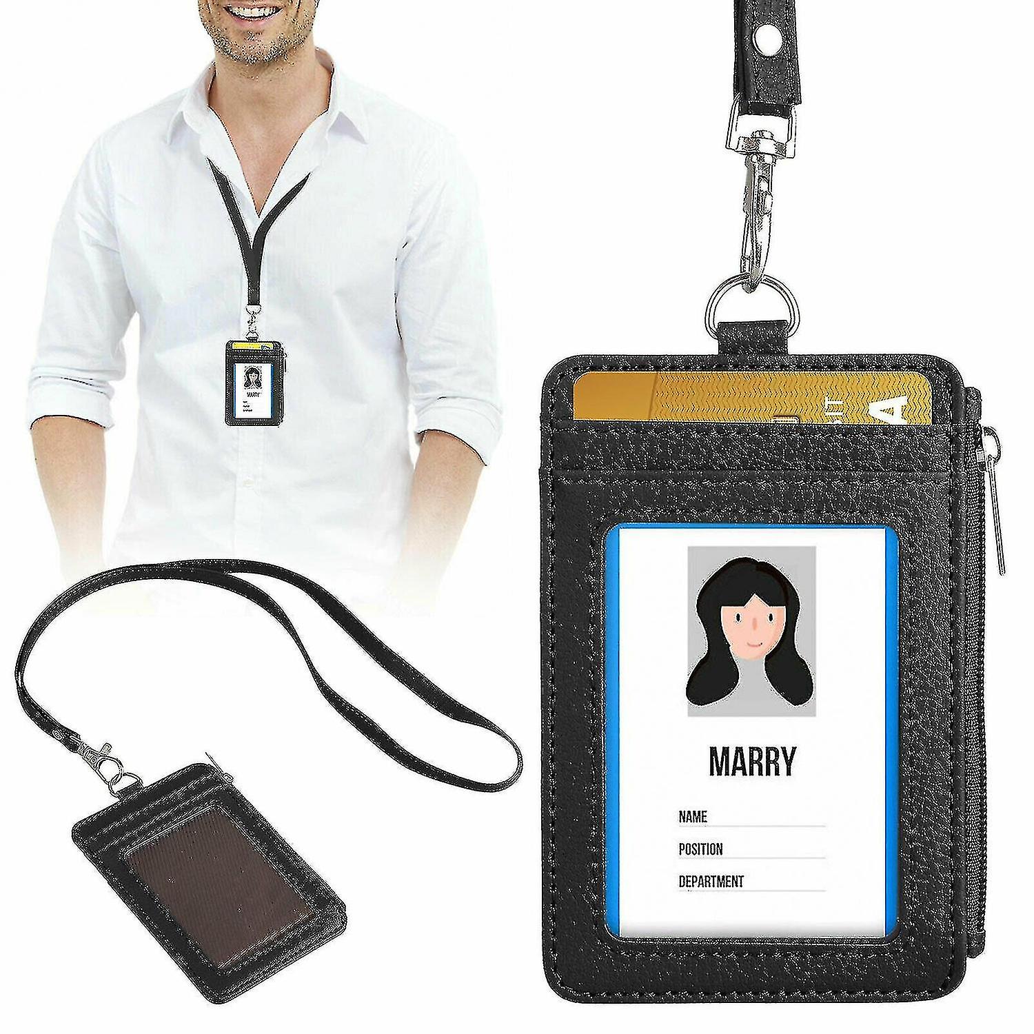 Hmwy-id Badge Card Holder Pu Leather Vertical Clip Neck Strap Lanyard Necklace Case