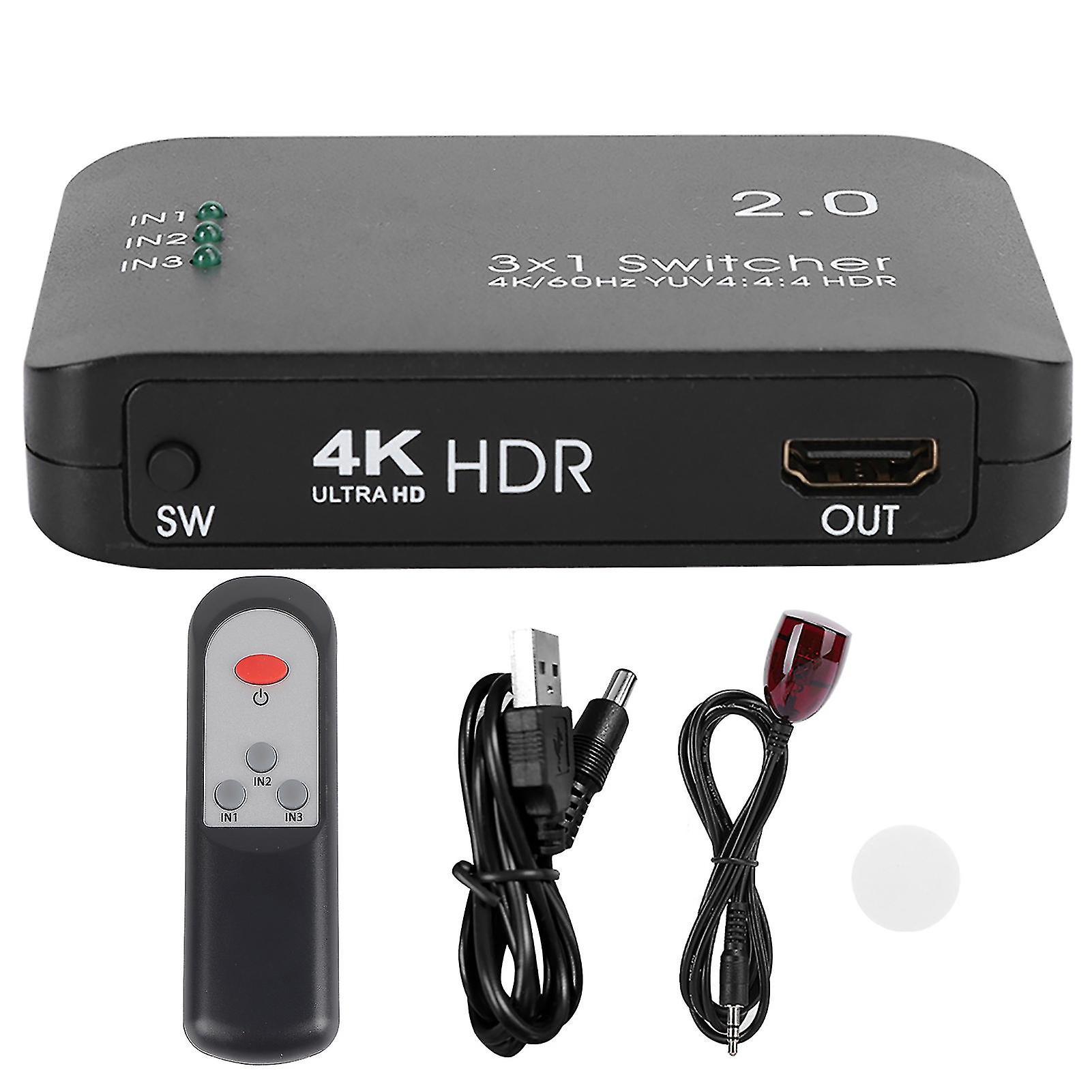 4K HDMI Switch: 3-in-1 Out with IR Remote and LED Display