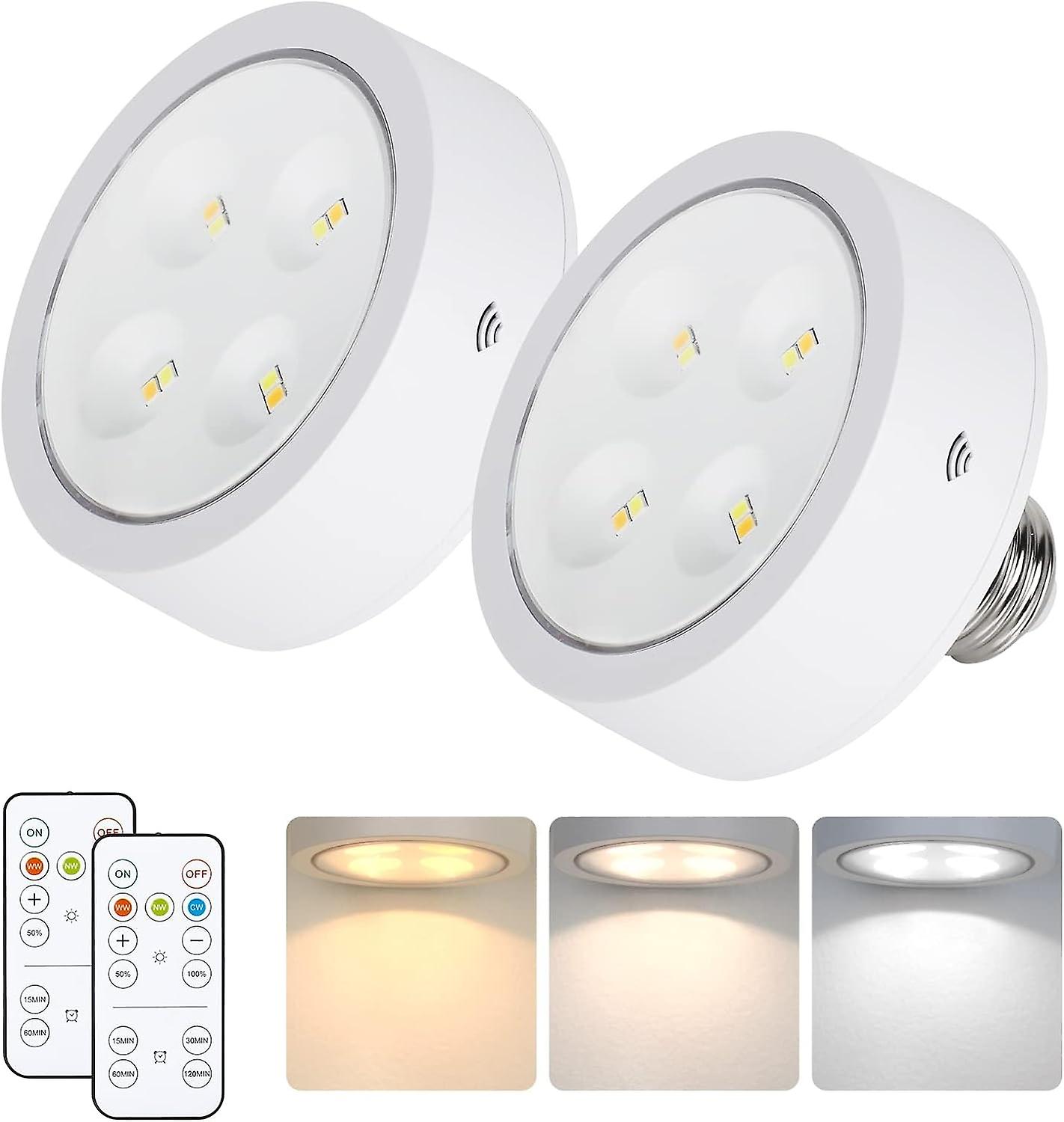 2 Packs Battery Operated Light Bulb, AA Battery Puck Lights with Remote, Wireless Dimmable Timer Function with E26 Socket