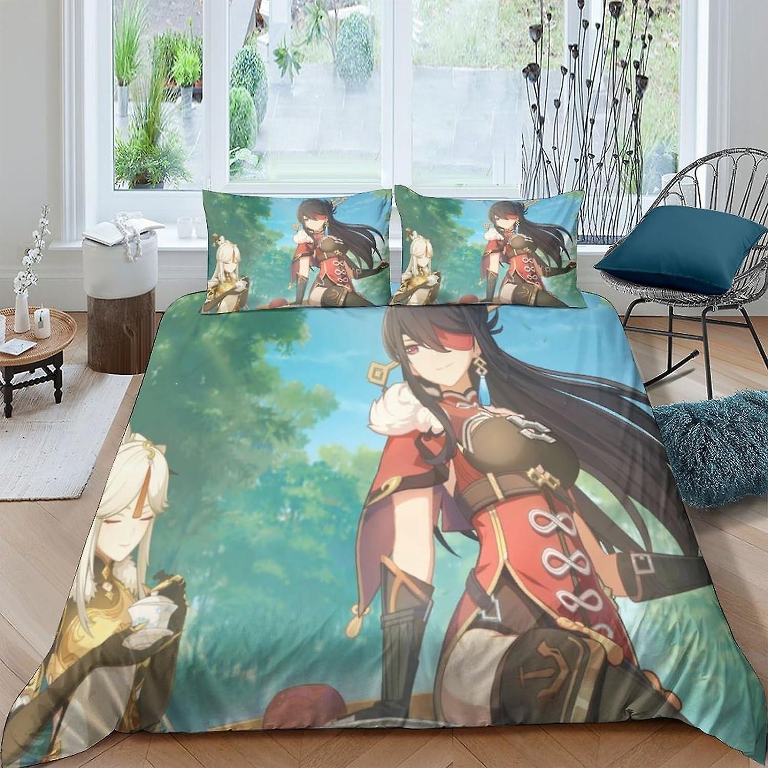 XIYIPAOLL Genshin för pojkar Flickor Täcke Påslakan Täcke Täcke 3D-tryckta anime-karaktärer Mjuk mikrofiber med örngott med dragkedja Cl