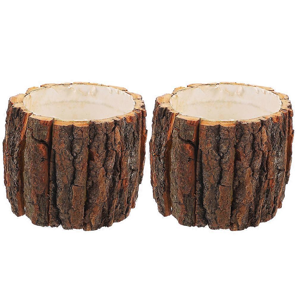 2pcs Natural Wood Flower Container Rustic Bark Design Planter Party Home Decor