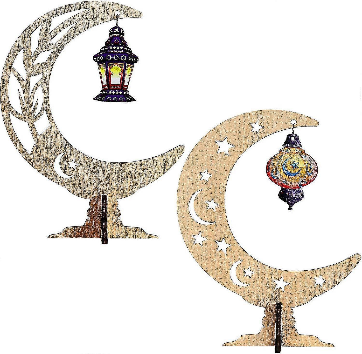 2 Pieces Ramadan Ornaments Wooden Table Ornament Light Star Moon Wooden Ramadan Hanging Pendant For Islamic Festival Home Party Table Decoration