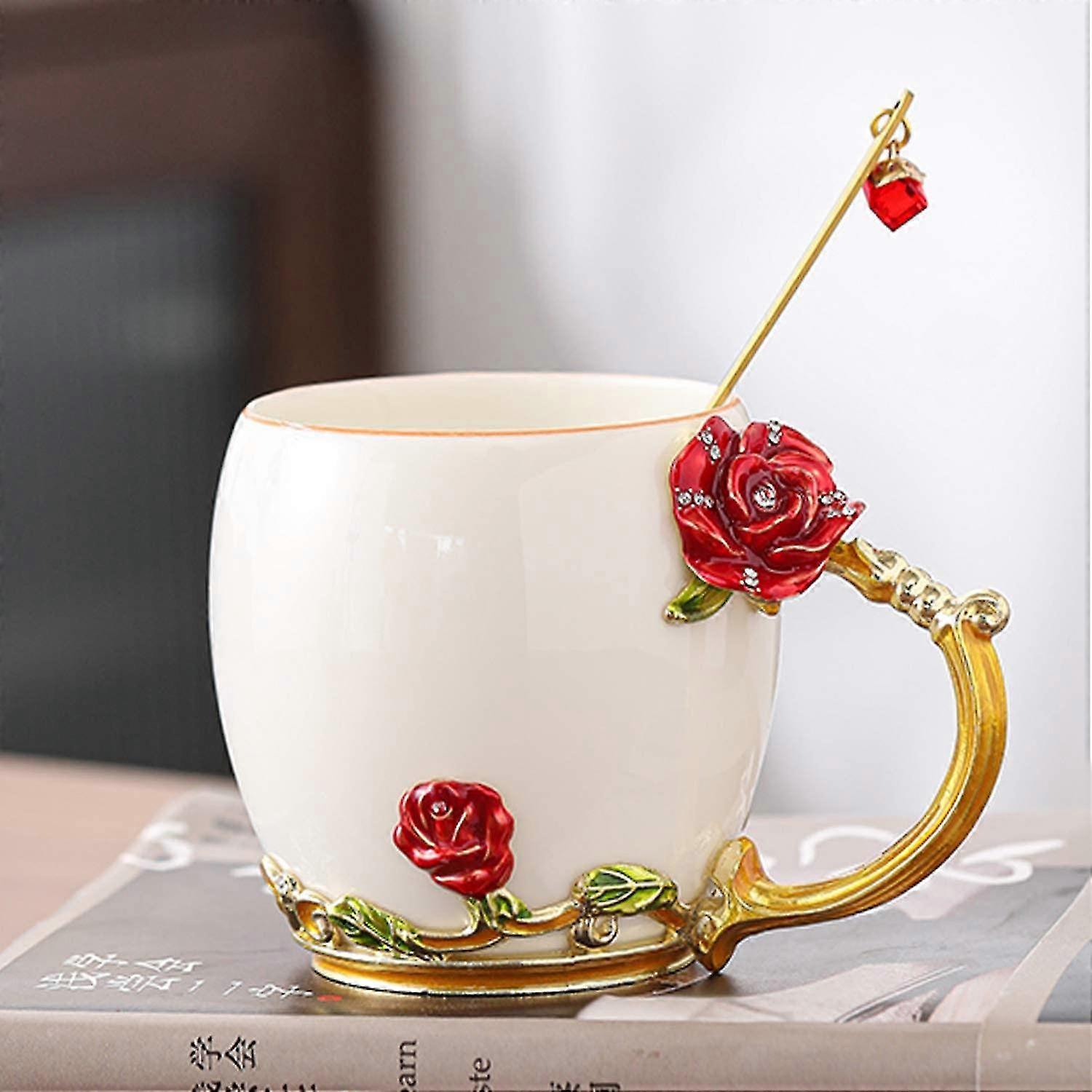 Flower Tea Cup, Craft Ceramic Cup With Exquisite, Red Rose, 320ml
