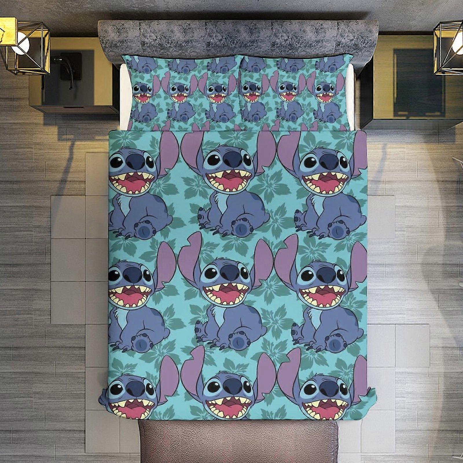 v3647 Lençóis Roupa de Cama Cartoon Stitch 3 Peças Conjunto de Capa de Edredão Tamanho Completo Super Macio Desbotamento Resistente Microfibra 1 Capa com Zíper e 2 Fronhas