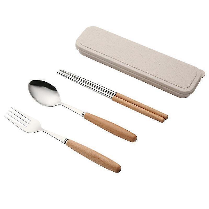 3 Pcs Stainless Steel Flatware Set Outdoor Portable Beech Handle Chopstick Spoon Fork Set Tableware Set With Protective Storage Case