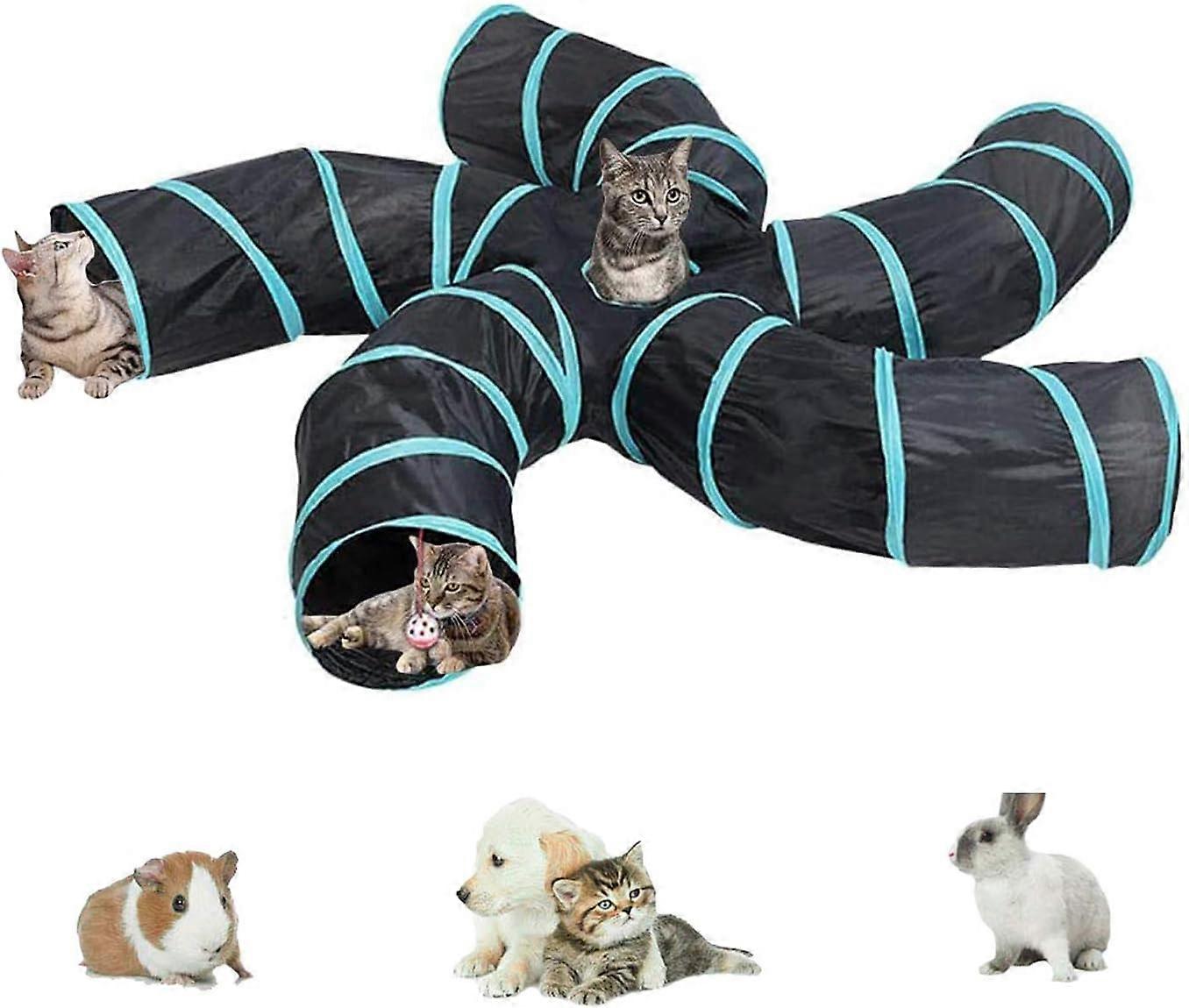 Interactive, Foldable And Lightweight 5-Tunnel Maze In Crinkle Fabric With Pom Pom And Bells For Cats, Small Rabbits, Kittens, Puppies, Ferrets Or Gui