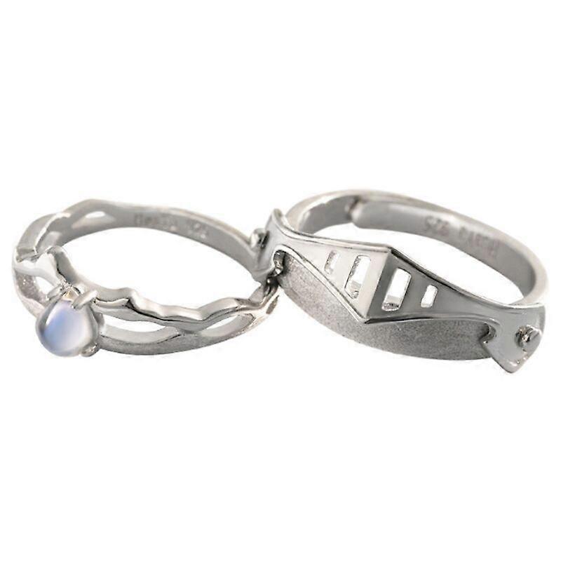 2 Pcs Moonstone Princess and Knight Lover Matching Open Band Rings Adjustable