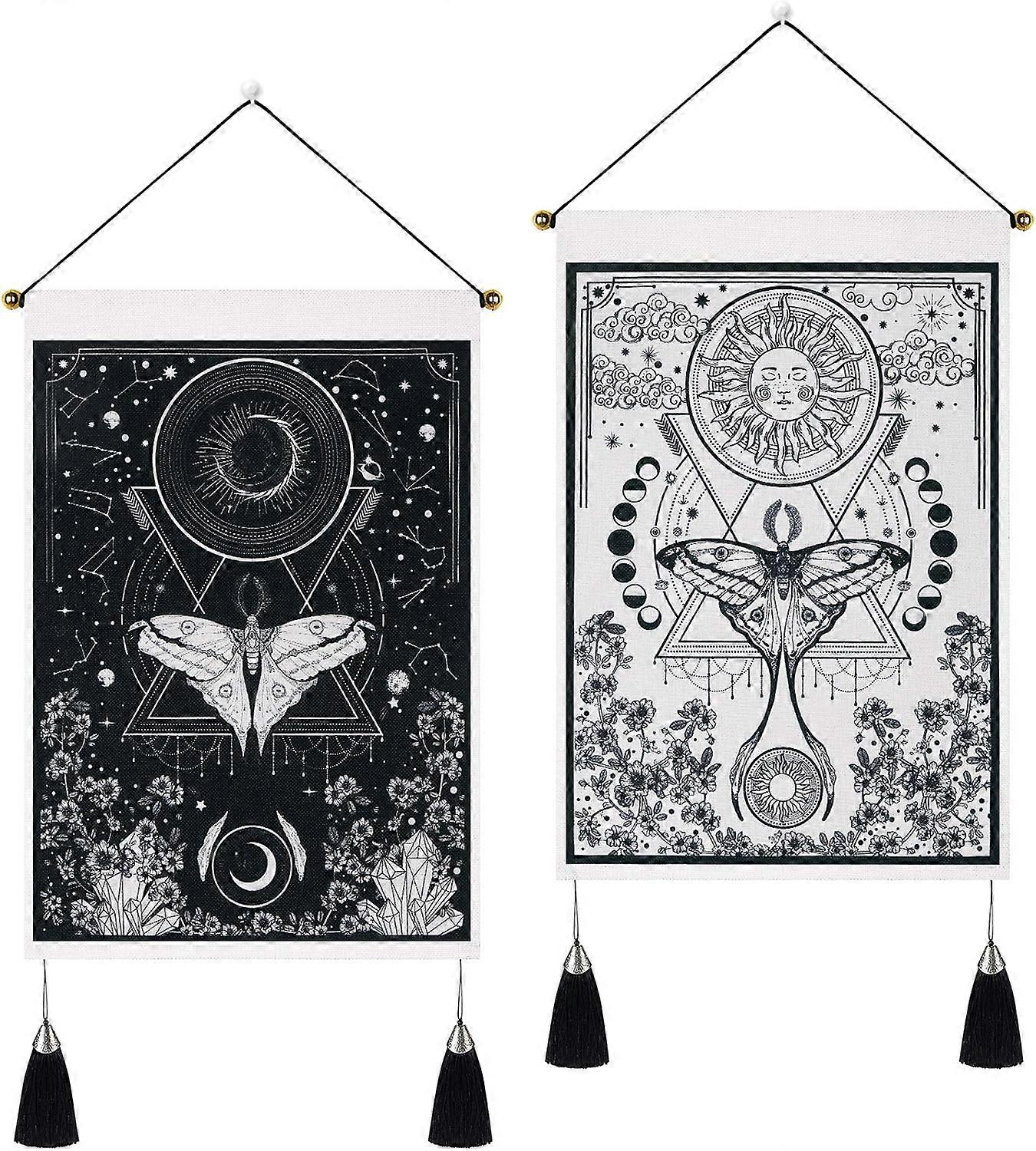 Set of 2 Butterfly Small Tapestry Wall Hanging with Tassel, Black and White Garden Flower Plants Bedroom Wall Art Tapestry, 35x50 cm