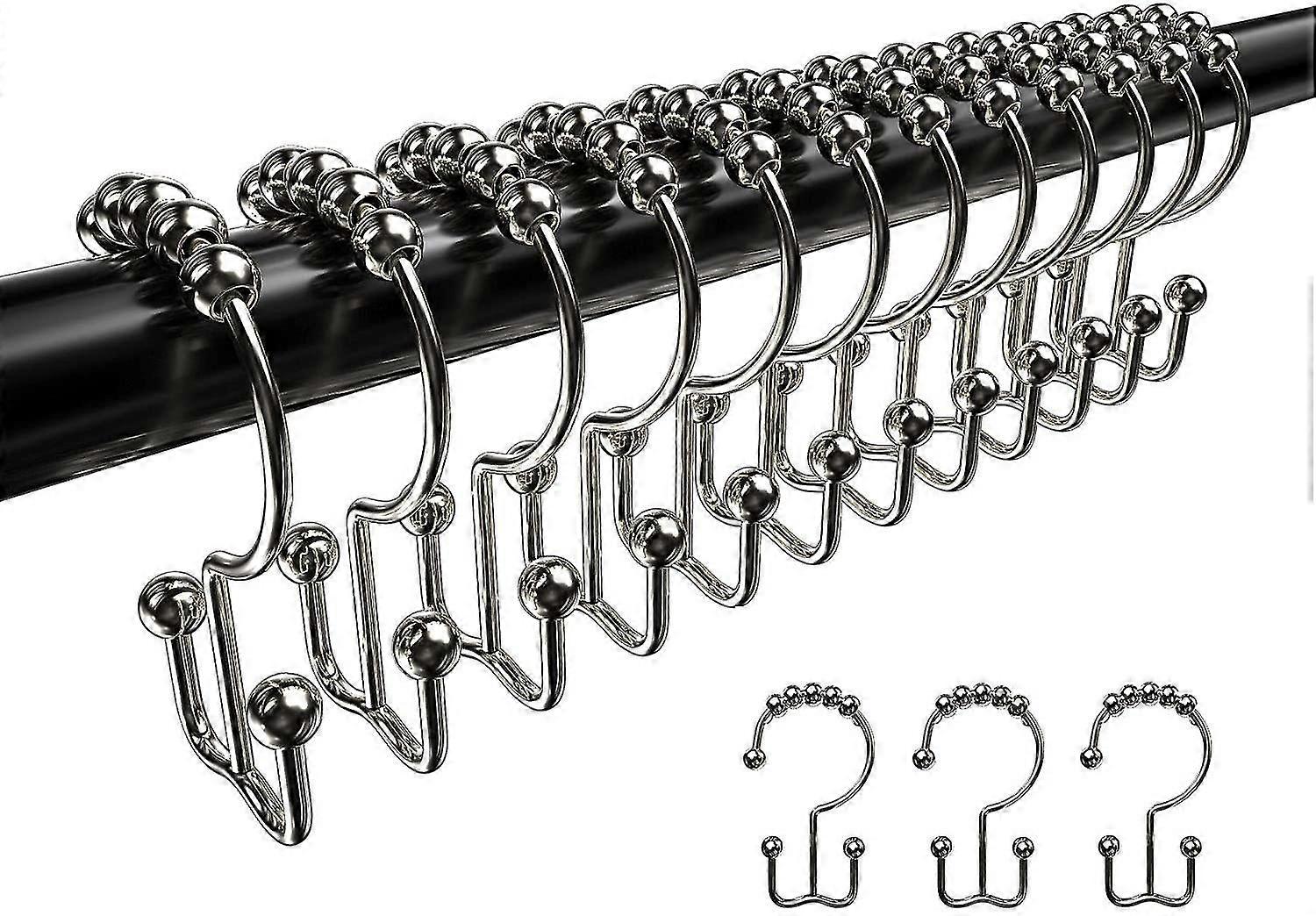 Shower Curtain Hooks Rings, Rust Resistant Shower Curtain Metal Hook Double Glide Rollers,set Of 12