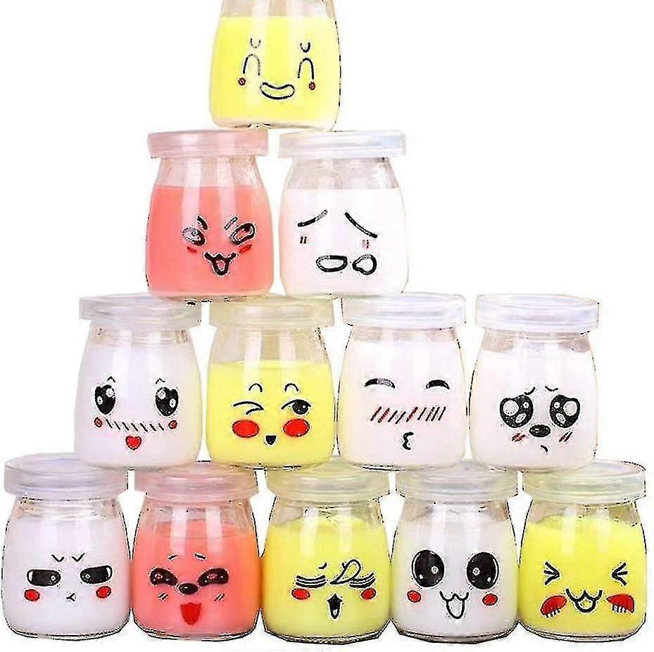 12 Pcs Glass Yoghurt Jar With Lids With Different Emoticon Decor100ml new
