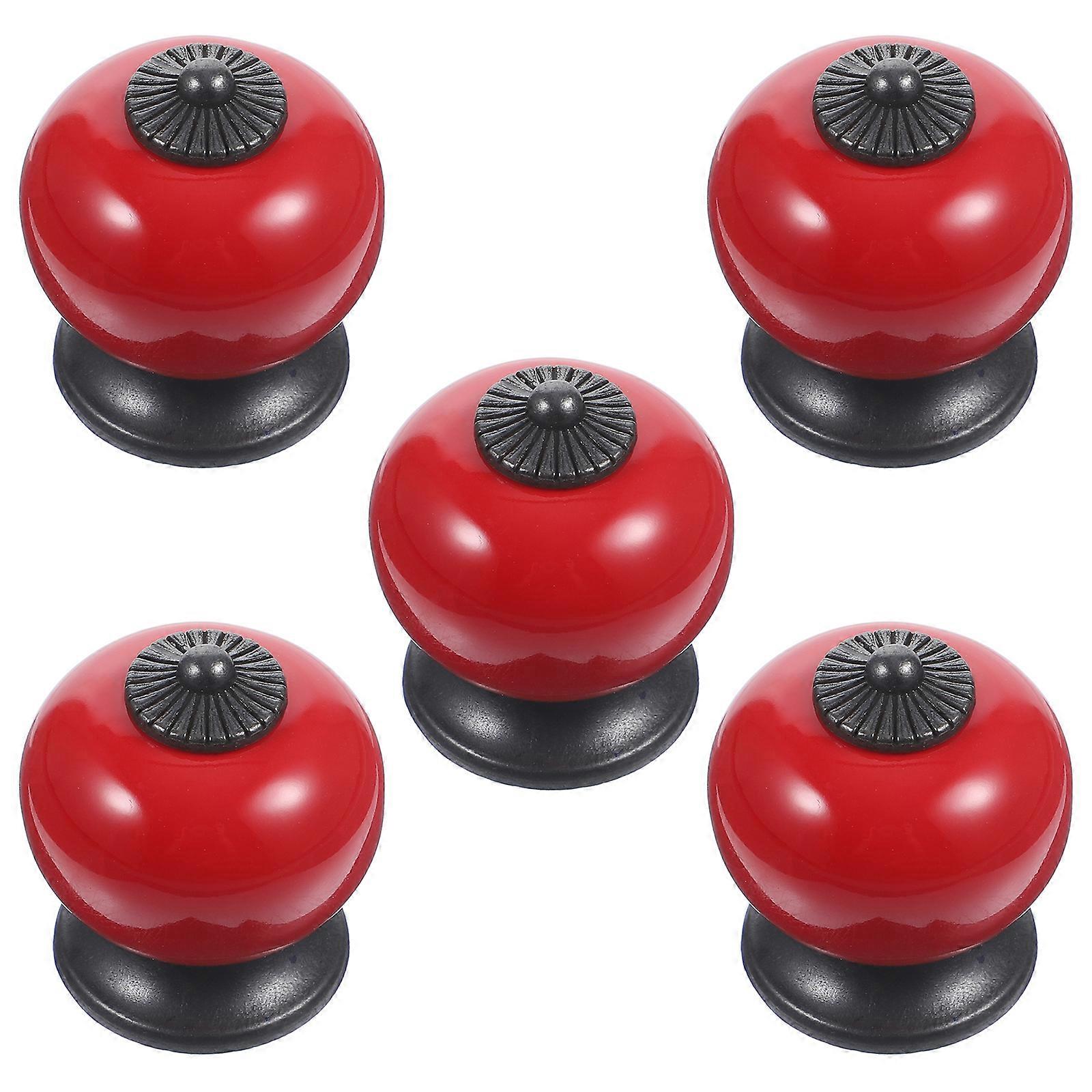 5pcs Fashion Round Ceramic Kitchen Cupboard Cabinet Drawer Door Knobs Pull Handles (Red)