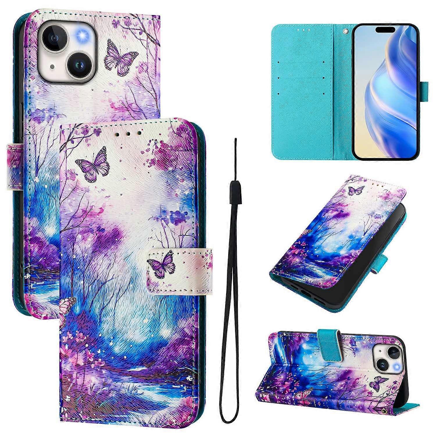For iPhone 15 Case Pattern Printing Wallet Phone Cover with Strap - Dream Valley