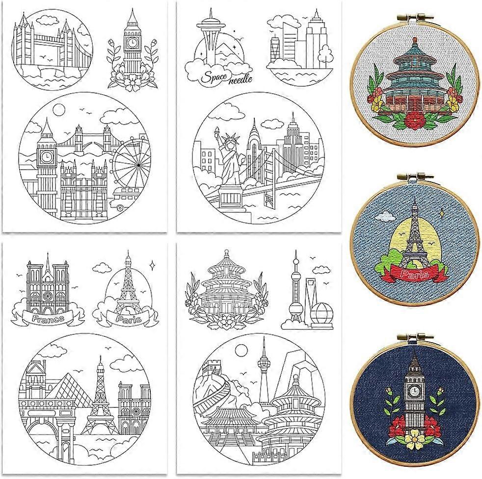 Peacoblue Water Soluble Embroidery Patterns for Beginners 4 Sheets with 12pcs City Building Patterns Wash Away Embroidery Pattern Stabilizer for Hand