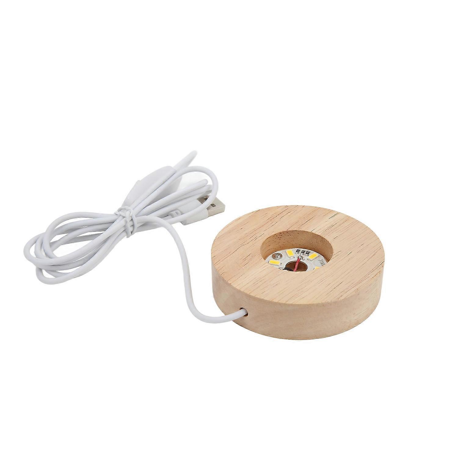LED Light Base USB Interface Oak Wood Material Round 2cm/0.8in Thickness Glowing Decorative Display