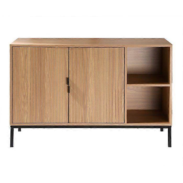 CALICOSY - Buffet met 2 deuren en 2 open nissen, gegroefd houteffect, L110 cm - TARA - Licht hout