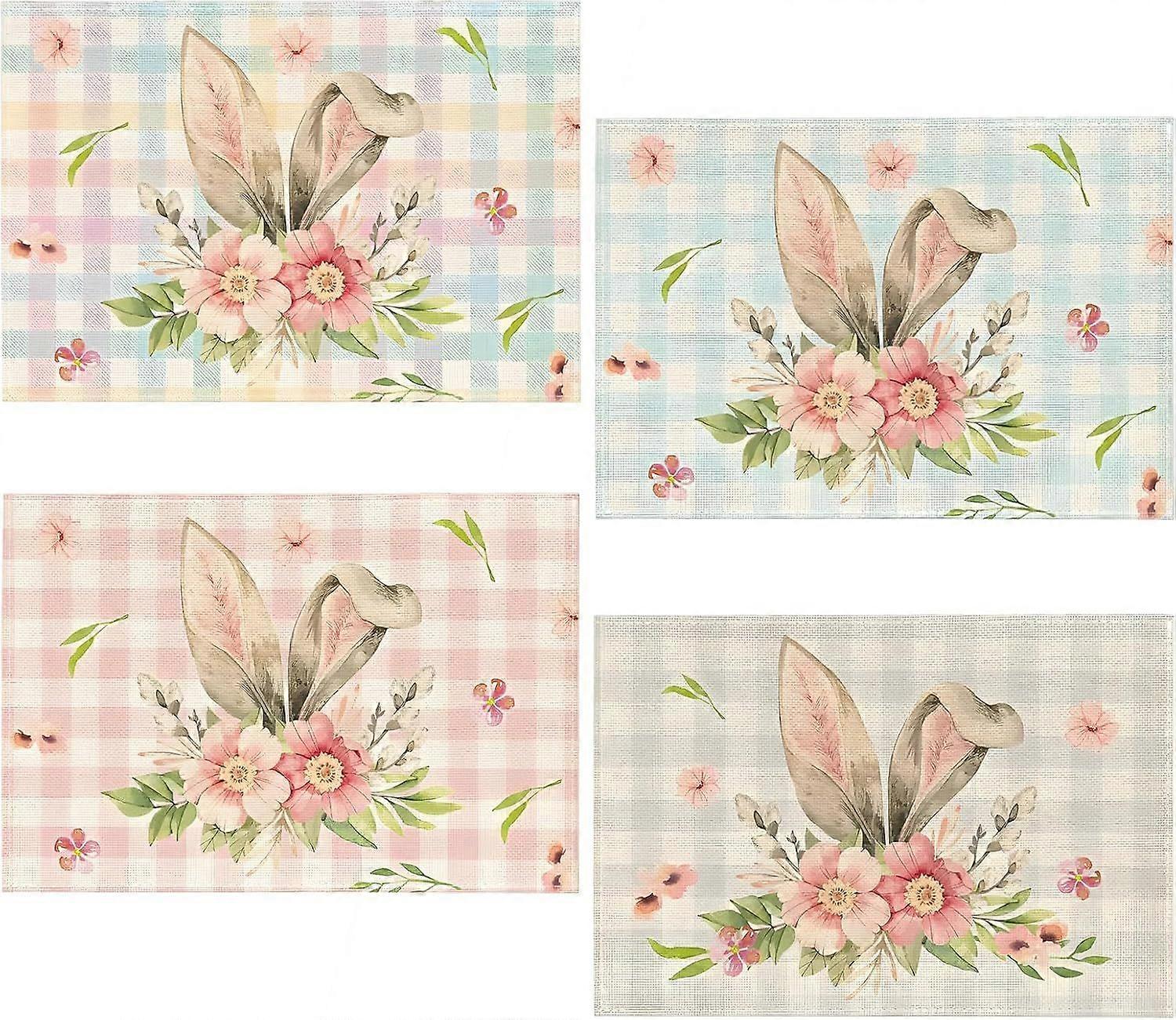 Lot de 4 Sets de Table de Pques,Sets de Table Fleurs Oreilles de Lapin Plaid de Buffle, Lapin Napperons Lavables en Lin, Printemps Dcoration Table pou