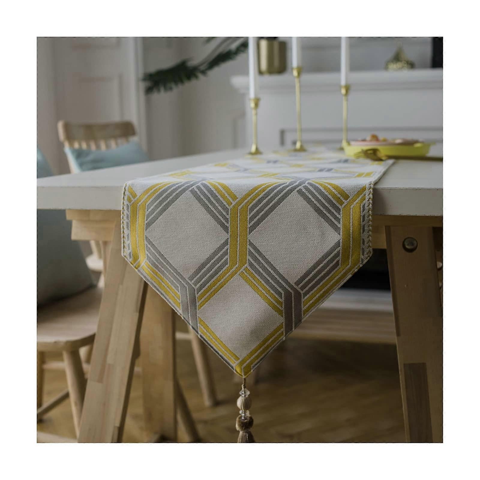 Yellow Gray Geometric Polygon Tassel Table Runner for Home Decoration Dining Table 86 Inch