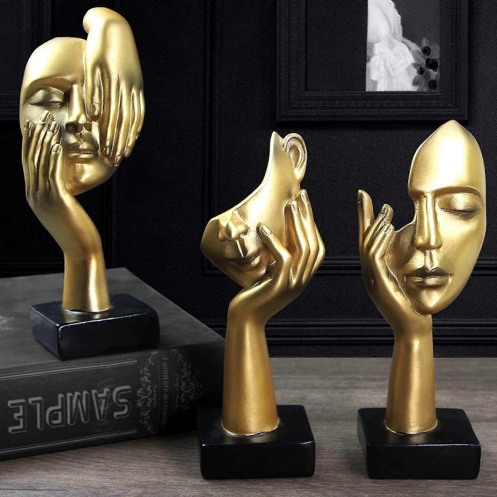 3 Pcs Thinker Statue Modern Home Resin Sculptures Golden Collectible Figurines for Office Desk Bookshelf Decor