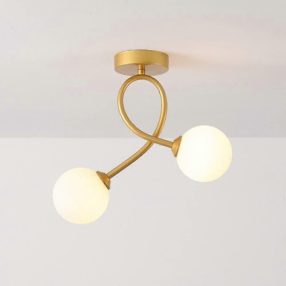 2-Light Glass Ceiling Lamp Modern Metal Close-to-Ceiling Light, White Globe Semi Flush Mount (Gold)