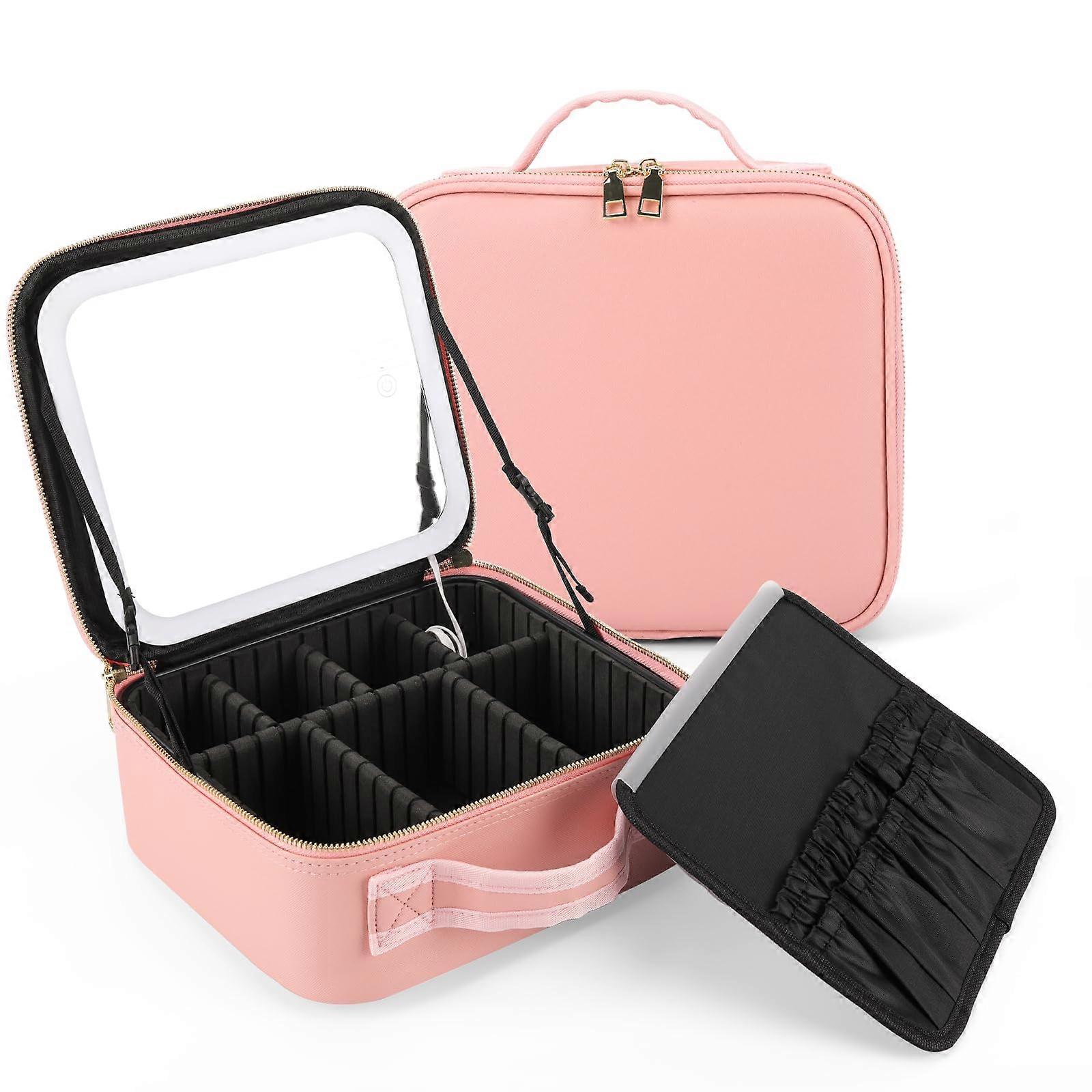 LED Mirror Makeup Bag Waterproof Travel Case With Lighted Mirror Three Color Lighting Modes Pink