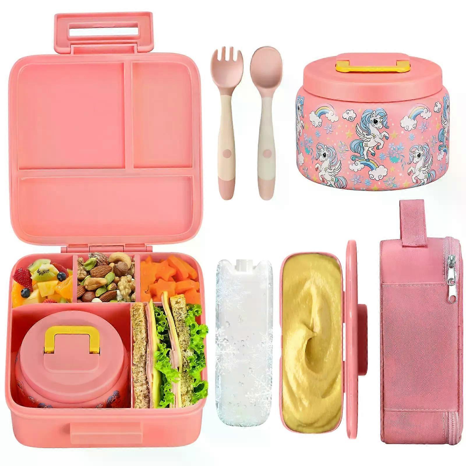 Bento Lunch Box for Kids With 8oz insulated vacuum food jar, Lunch bag, ice pack, and bendable fork&spoon, Leak-proof