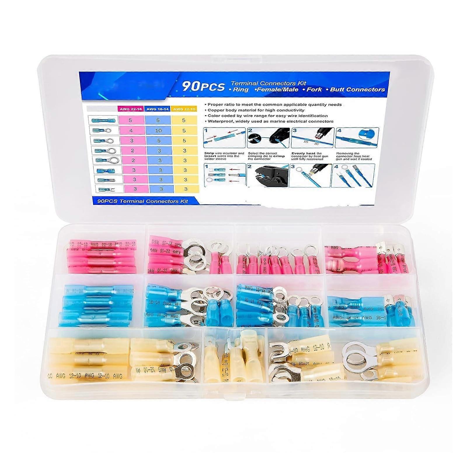 90PCS Heat Shrink Wire Connectors Kit, Insulated Electrical Terminals, Crimp Ring Fork Spade Connectors for 22-10 AWG