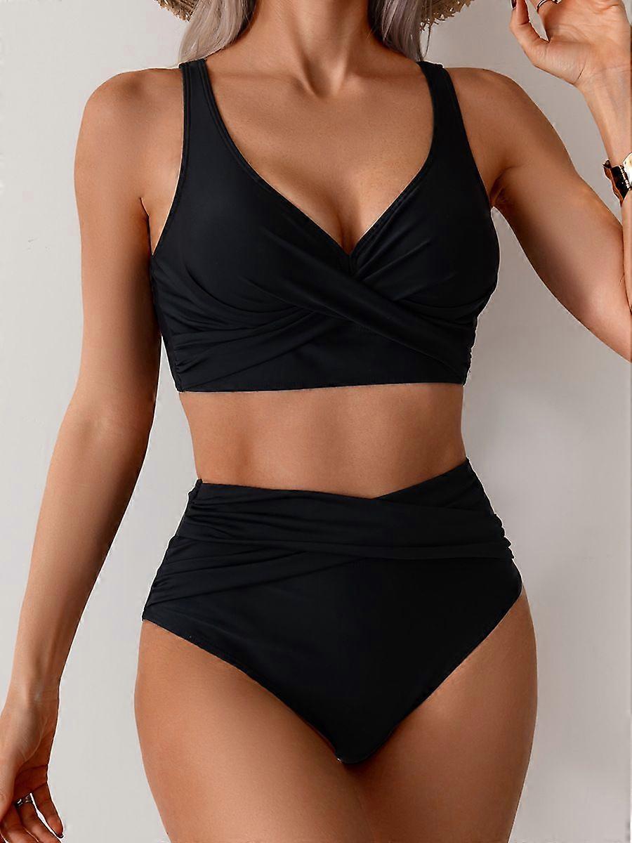 Black Wrap Bikini Set High Waist Two-Piece with V-Neck Crop Top Design