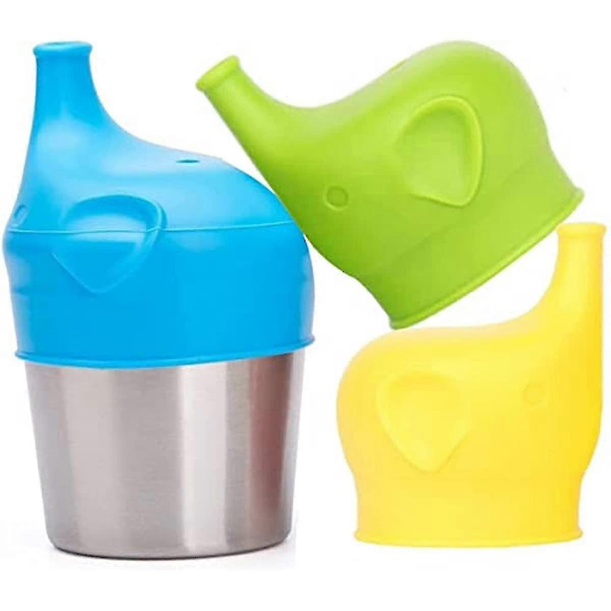 Scoolr 3pcs éléphant anti-éclaboussures en silicone Couvercles de gobelet pour enfants - Bleu Vert Jaune