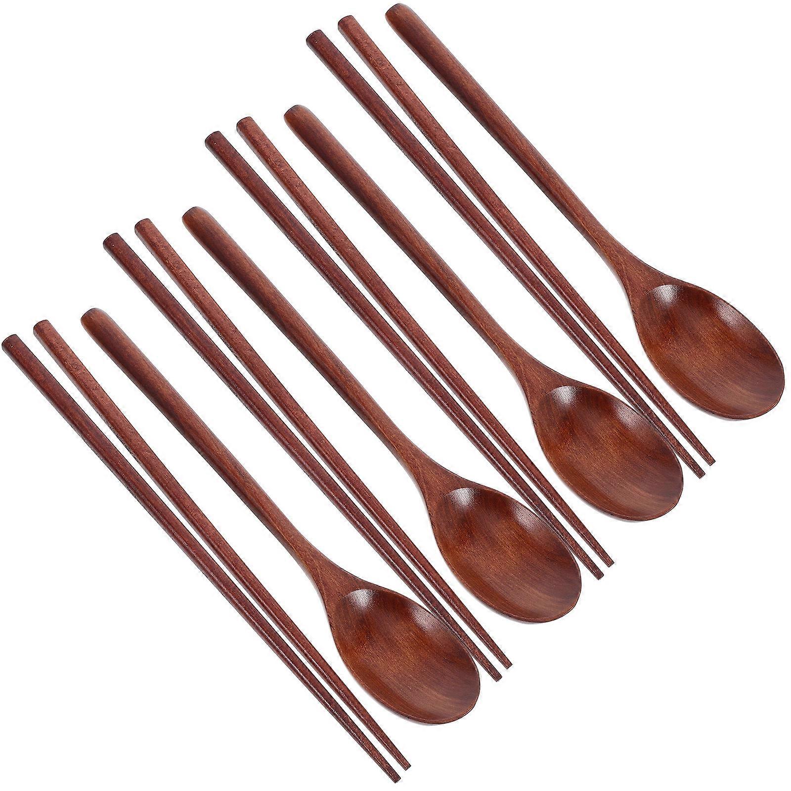 Portable Wooden Spoon and Chopstick Set Reusable NonSlip Utensils for Eating Light Brown