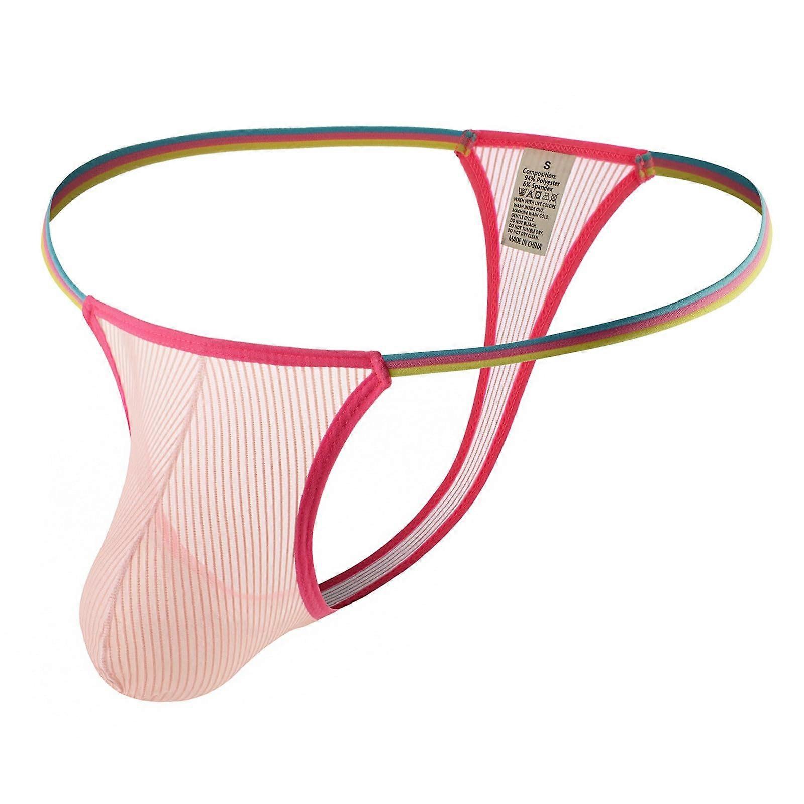 Netz Unterwäsche Herren Gestreifter String Mesh mit Bulge Pouch, Durchsichtige Sexy Tangas, Größe L, Farbe Rot