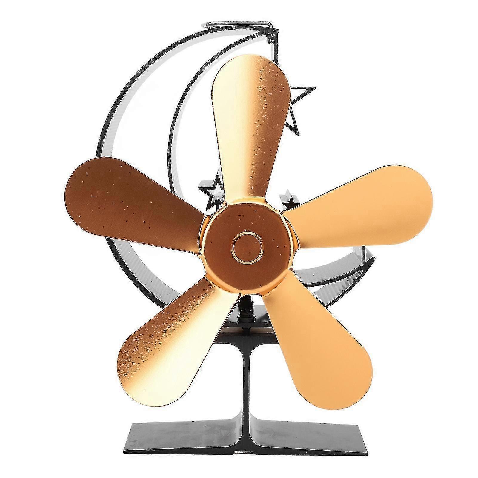 מאוורר תנור חדש בעל 5 להבים המופעל בחום עשוי מסגסוגת אלומיניום לפיזור חום יעיל, אידיאלי עבור קמינים מעץ, בסנפיר זהב אלגנטי