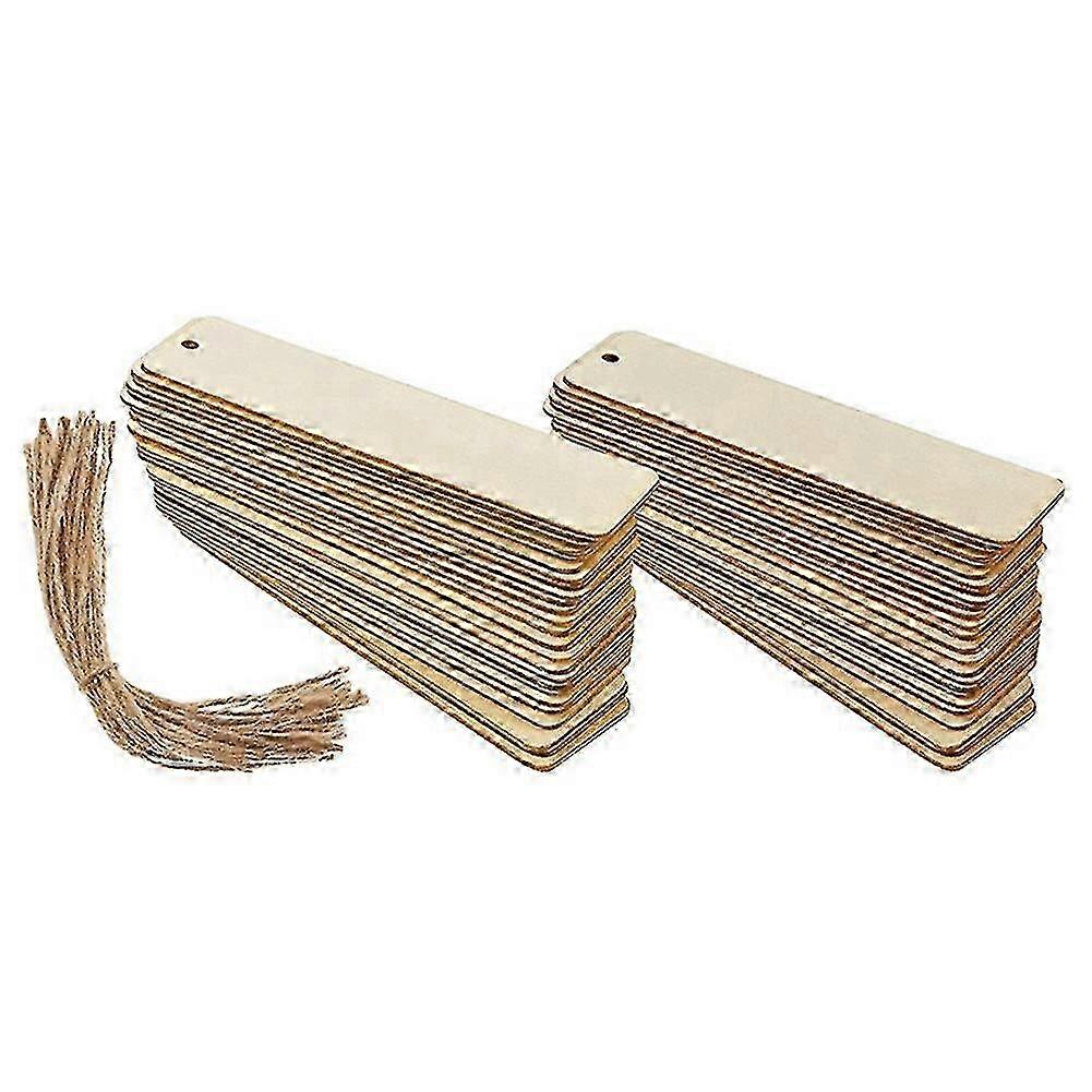 100pcs Wooden DIY Blank Bookmarks with Ropes Thin Rectangle Hanging Bookmarkers