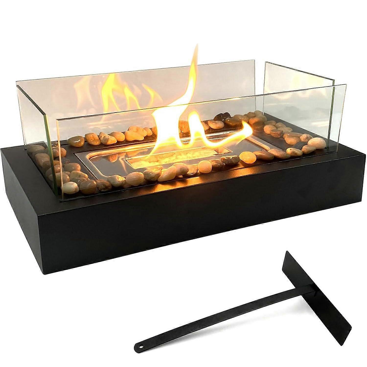 エタノール暖炉テーブル、屋内および屋外用のバイオエタノールウォーミングテーブル、パティオ、リビングルーム、キッチン用のガラス付きブラックエタノールテーブルファイヤー