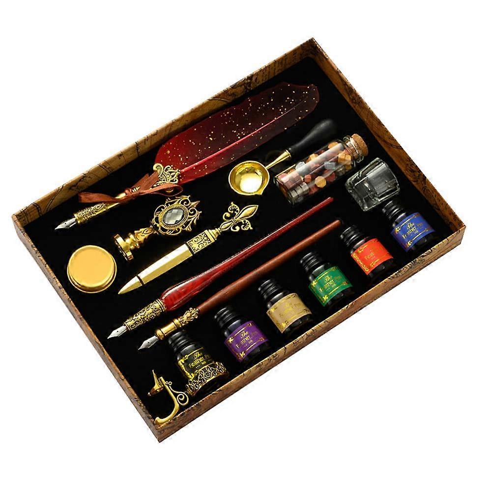 Nib Calligraphy Ink Set, Vintage Feather Pen Ink Set with Wax Seal Pearl, Ink, Feather Pen