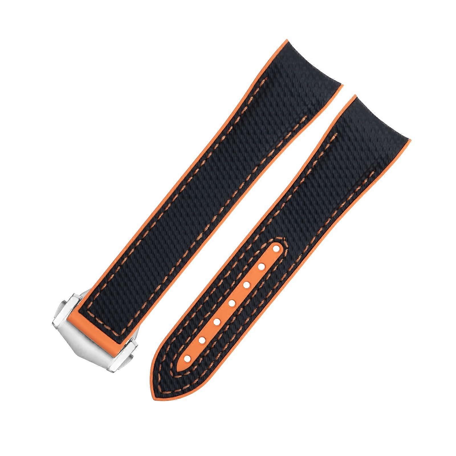 Watch Strap 21mm For 43.5mm Dial, Soft Fluororubber, Nylon Texture, Solid Rubber, Fold Buckle, Black/Orange, China