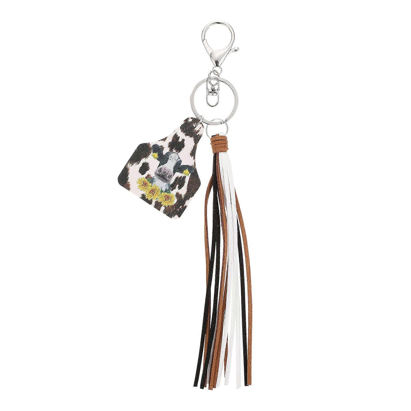 Tassel Keyring Cow Pattern Key Chain Attaching to Purse Assorted Color Leather Metal 1Set