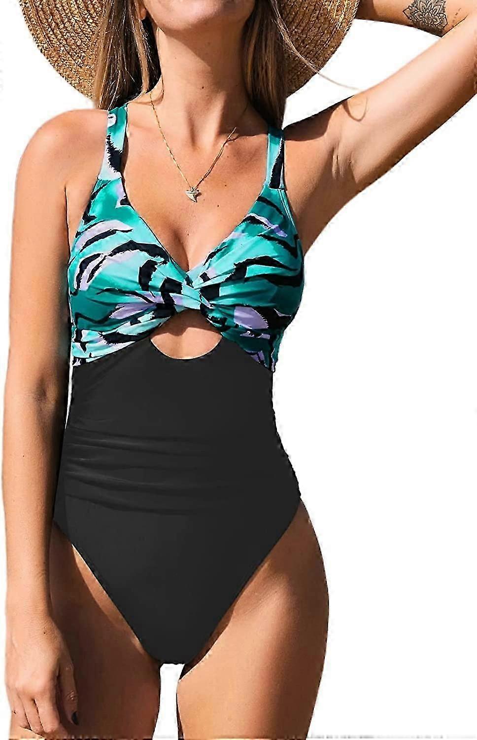 Women Swimsuit One Piece V Neck Halter Backless Ruched Tummy Control Vintage Swimwear Bathing Suit