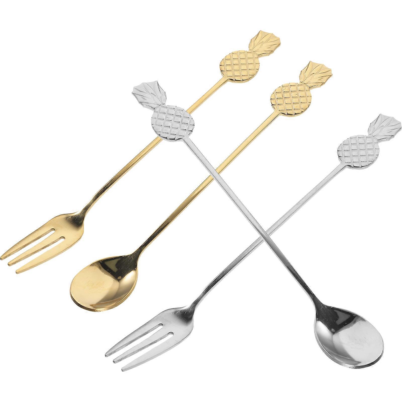 Stainless Steel Fruit Spoon Fork Set with Cartoon Handle for Dessert and Party Use 4 Pieces
