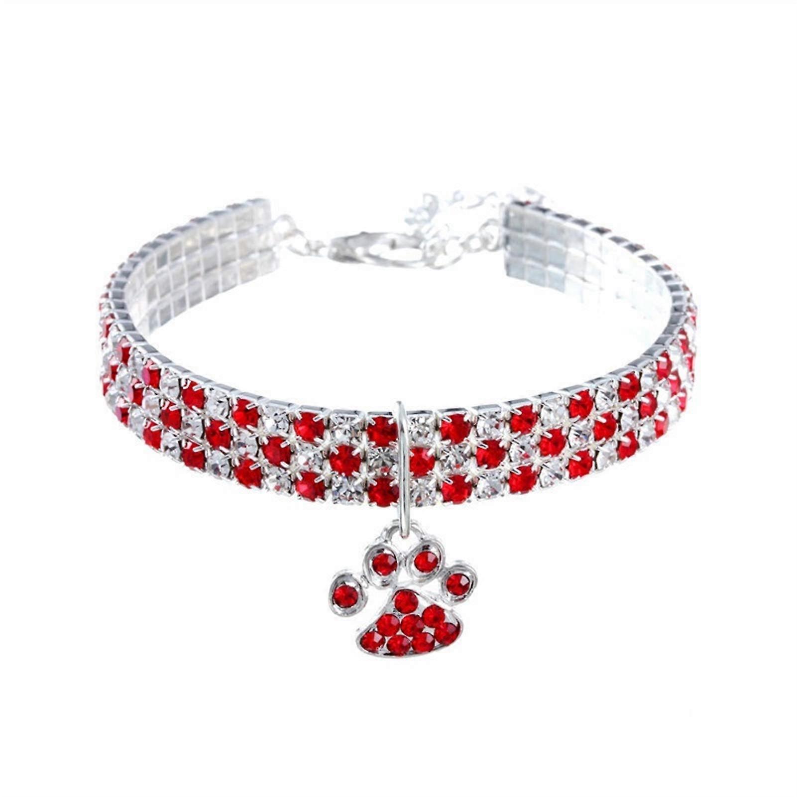 Cat Dog Collar with Man-Made Diamond Inlay, Elastic Pet Necklace, Red White, Size M, Strong Durable Design