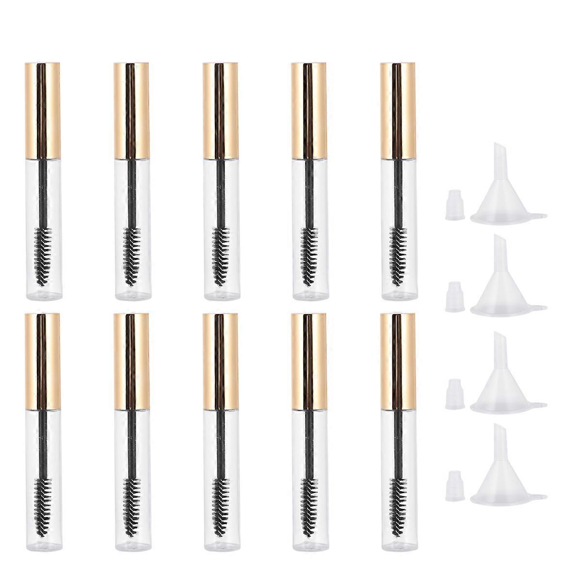 10pcs Mascara Bottle Empty Refillable Bottles Portable eyelash Storage Container for Home Travel with 4pcs Funnel (Golden Lid)