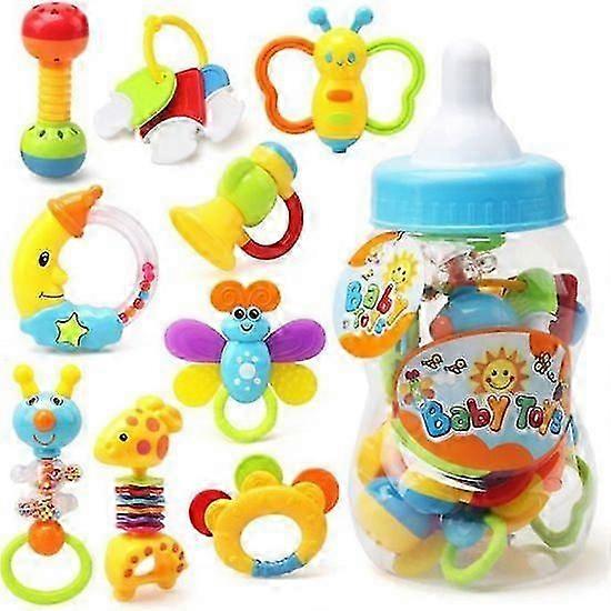 9-delt Rattle Teething Toy Sett: Assorterte farger med flaske for spedbarns sensoriske utvikling
