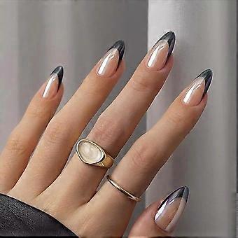 French Tip Press on Nägel Kurze Mandel Falsche Nägel Nackte Falsche Nägel mit Designs