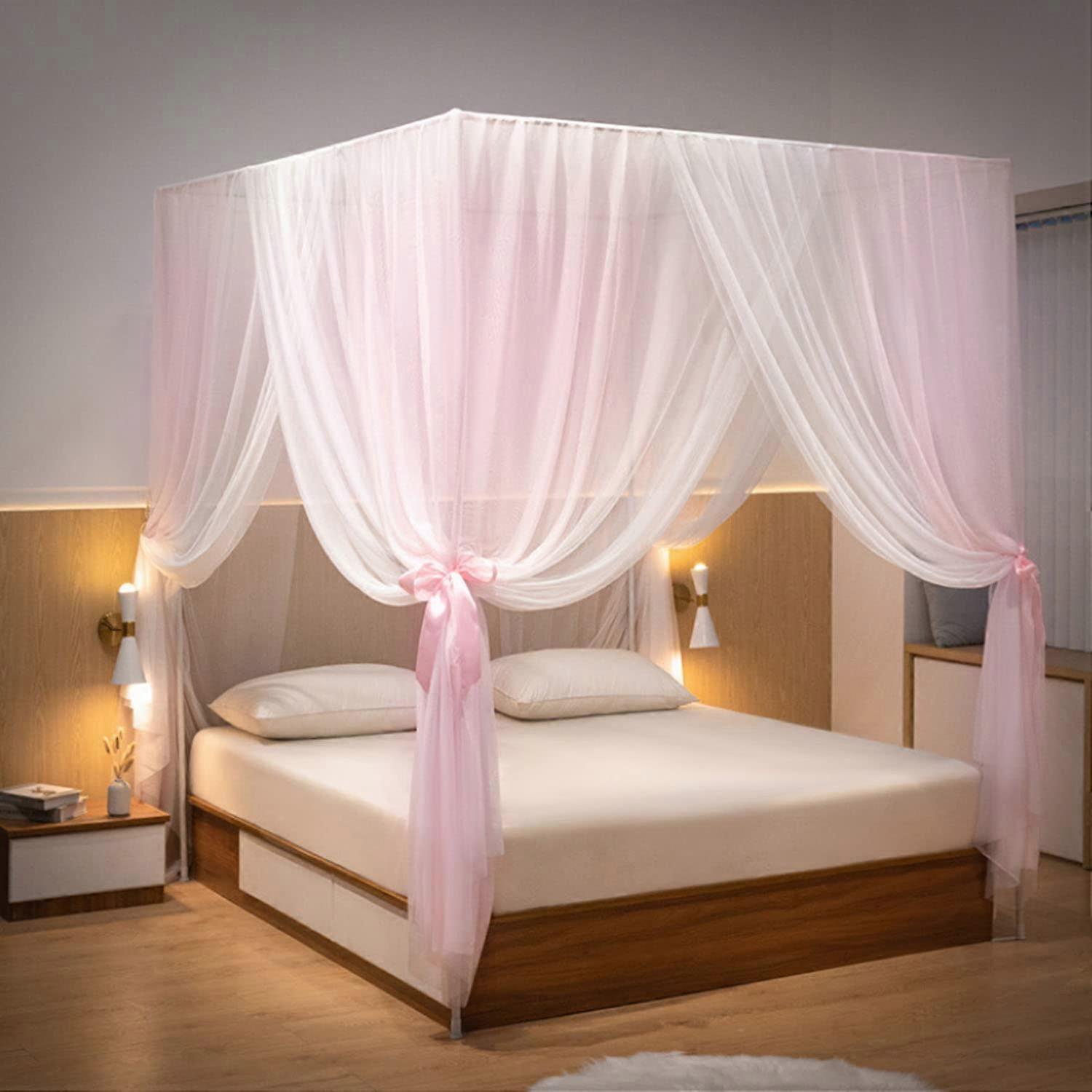 Pink Mosquito Net Canopy For Bed, Double Layer, 4 Corner Post Curtains, With Hooks, Fits Single To King Beds, 2.0 X 2.2m