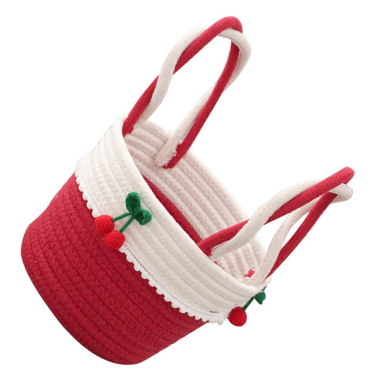 Woven Cotton Rope Storage Basket with Cherry Lace Edge for Magazines, Toiletries, Lightweight Handheld Organizer