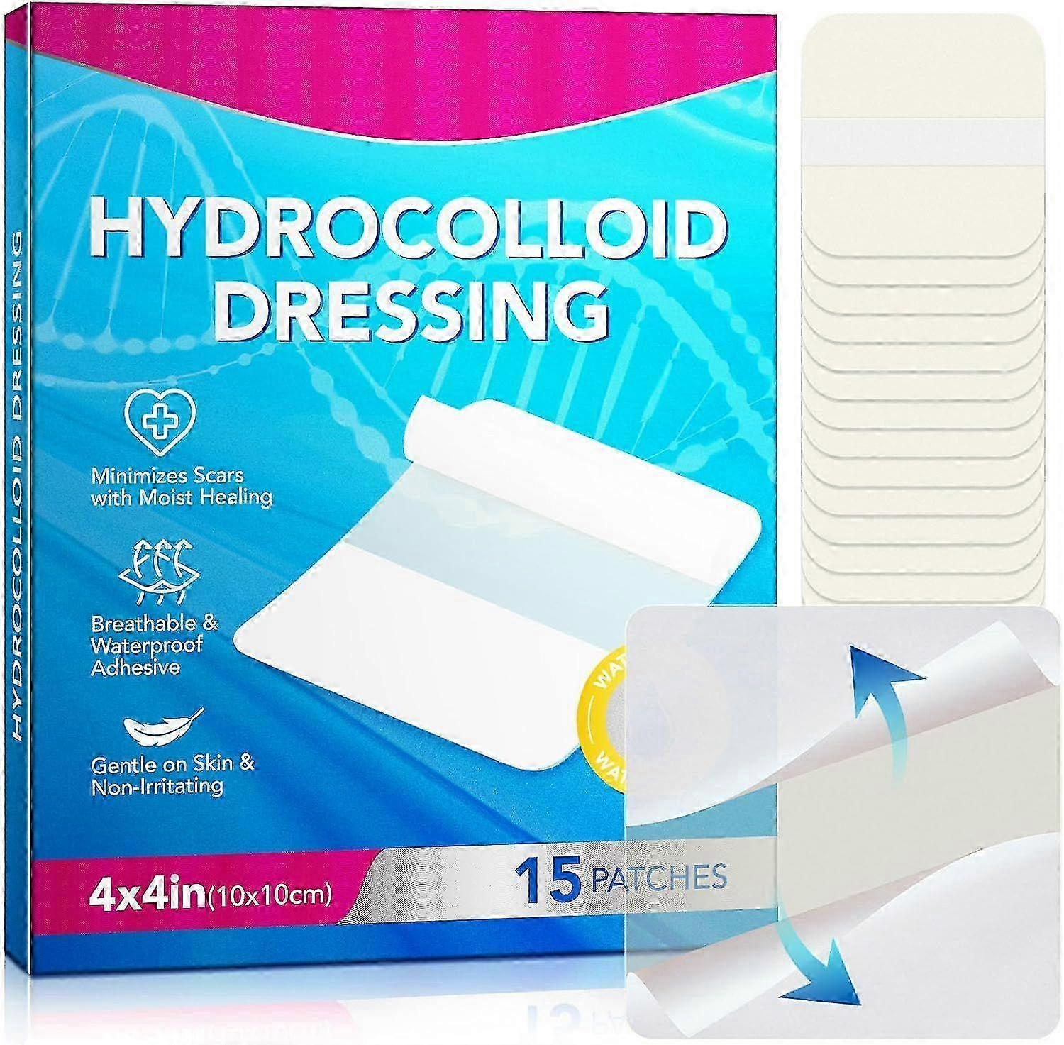 Hydrocolloid Wound Dressing 15 Pack - Hydrocolloid Dressing 4"x4" Fast Healing - Sterile and Waterproof- Large Adhesive Wound Dressing