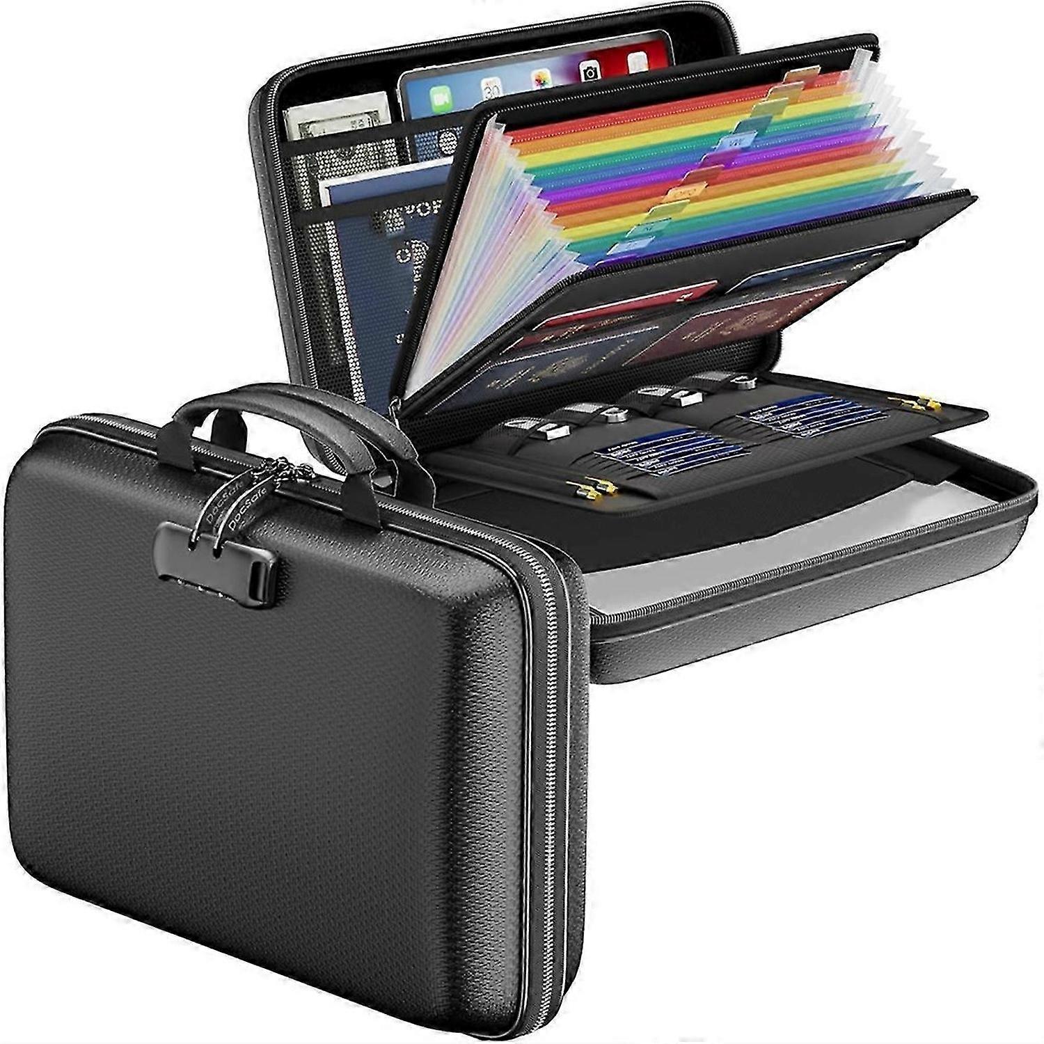 Fireproof File Organizer with Lock, Hard-Shell Case Fireproof Document Box with 13 Accordion File Folder, for Important